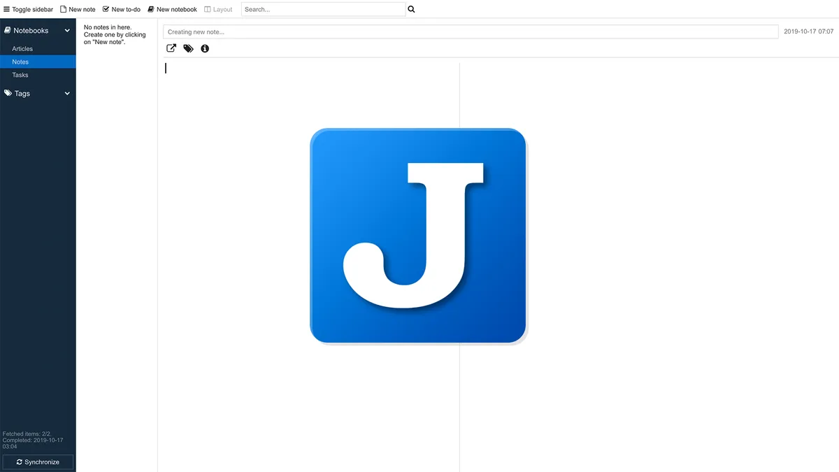 The Joplin logo in front of a screenshot of an empty notebook in the Joplin app.