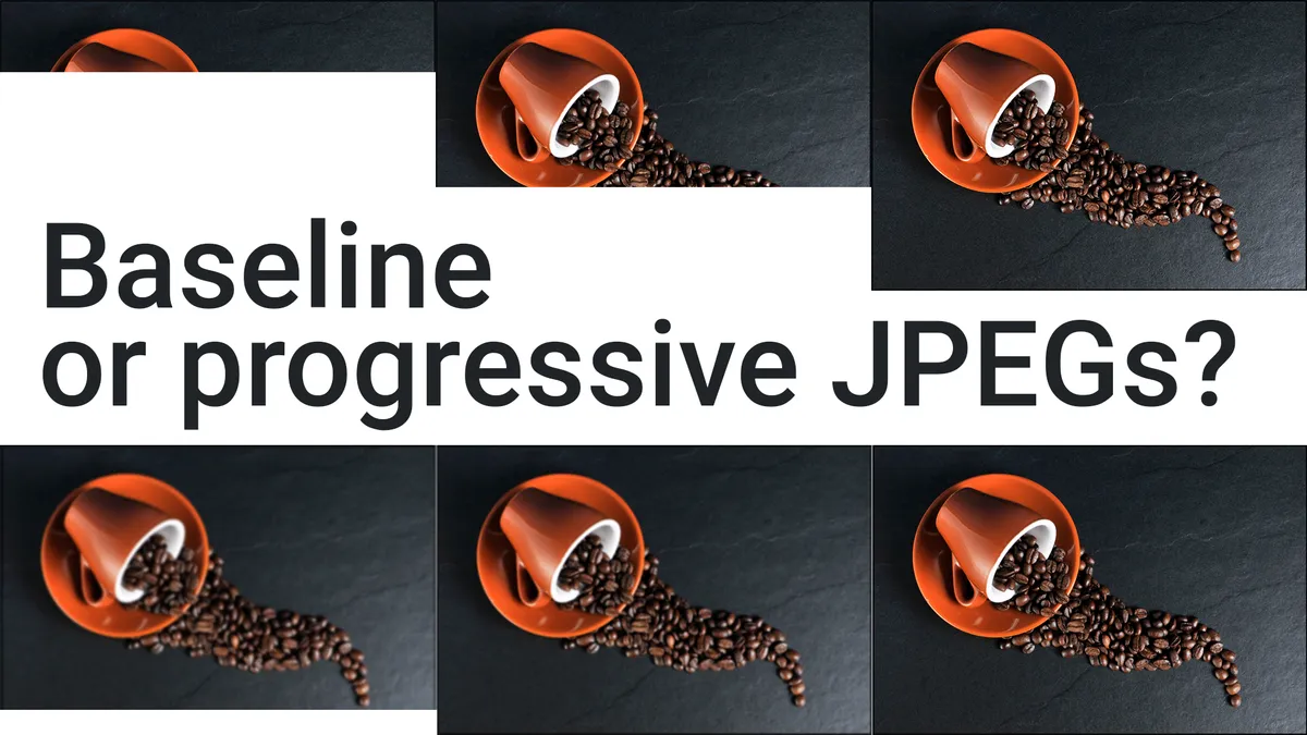 Two film strips demonstrating the difference between progressive and baseline JPEG photo loading. The baseline rendering shows the image loading from top to bottom. The progressive loading…