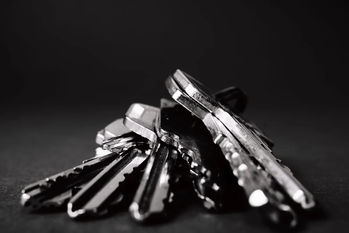 A close-up of a pair of keys in black and white.