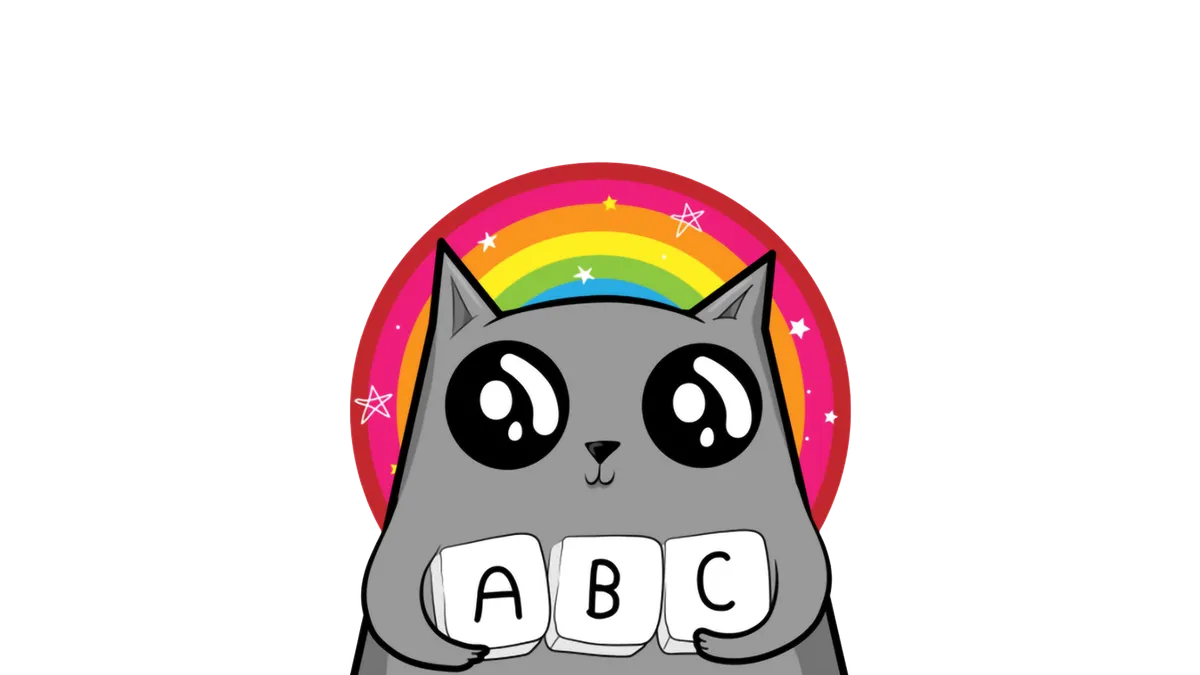 A cartoon cat with huge eyes holding ABC letter blocks.