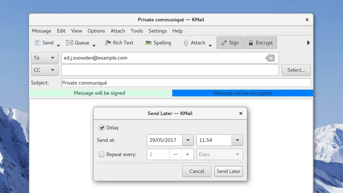 A dialog window prompting for message delivery time in from of a KMail email composer window. The email message has the subject “Private communiqué” and has status information indicating…