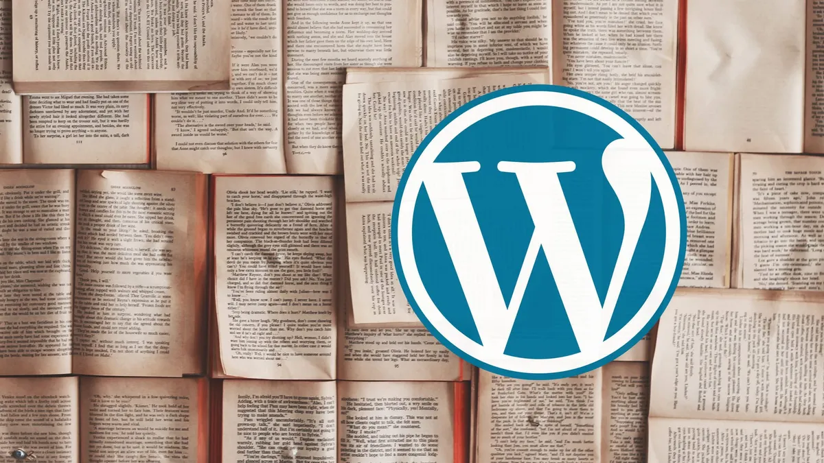The WordPress logo in front of a backdrop of open books.