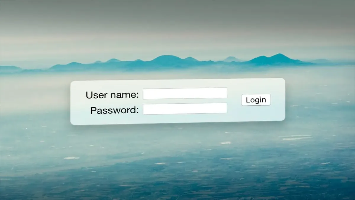 A login form with a user name and password field floating in front of a mountain range.