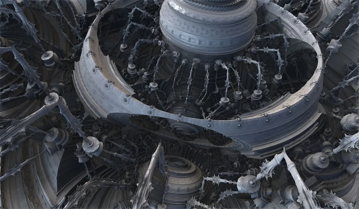 An abstract 3D render of complex machinery.