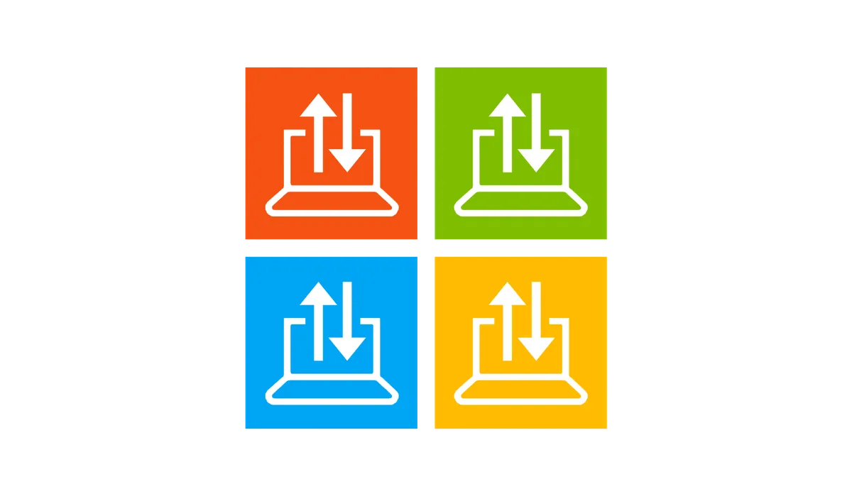 The outlines of four Windows computers, each with one large arrow pointing up and away from it and one pointing down into it.