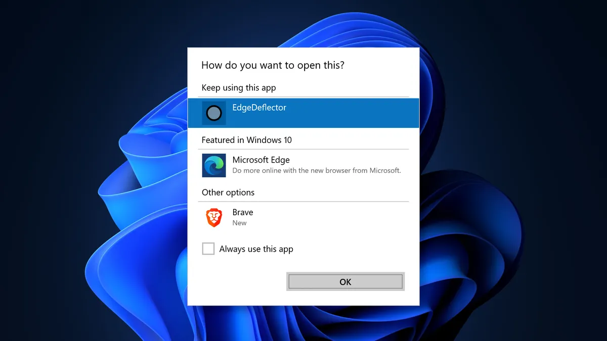 A dialog window prompts you to choose how to open a link. The dialog lists apps like EdgeDeflector and Brave, but it recommends Microsoft Edge.