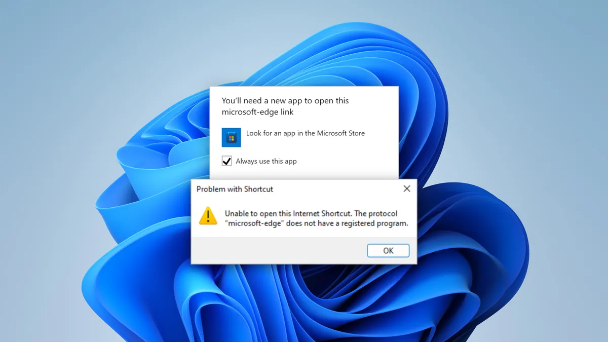 Various errors and dialogs featuring the `microsoft-edge:` protocol.