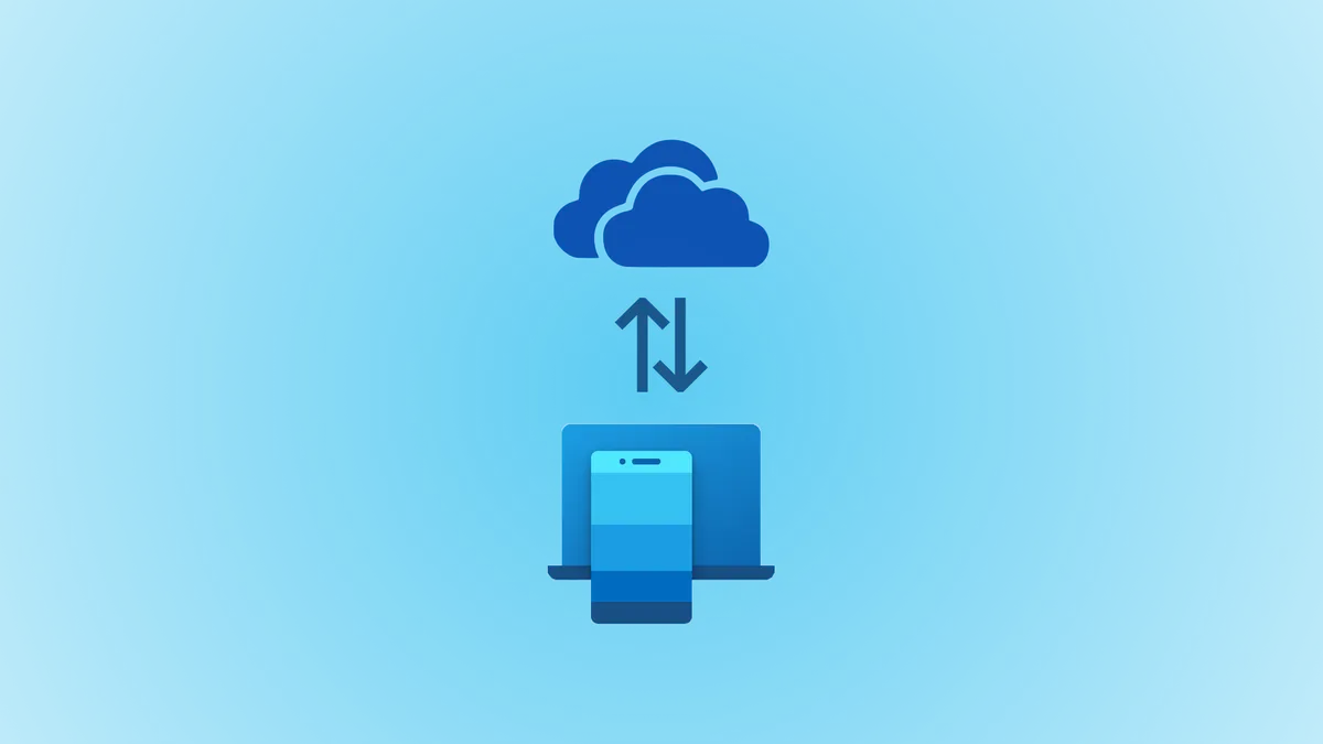 The Phone Link app logo syncing with the Microsoft OneDrive cloud service.