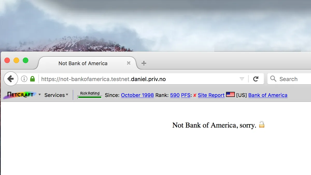 The Netcraft browser extension toolbar showing the rating and security information for “BankOfAmerica.com” but the browser has loaded “Not-BankOfAmerica.testnet.daniel.priv.no” instead.