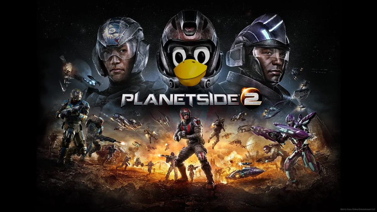 Tux (the Linux penguin logo) in the PlanetSide 2 game title screen.