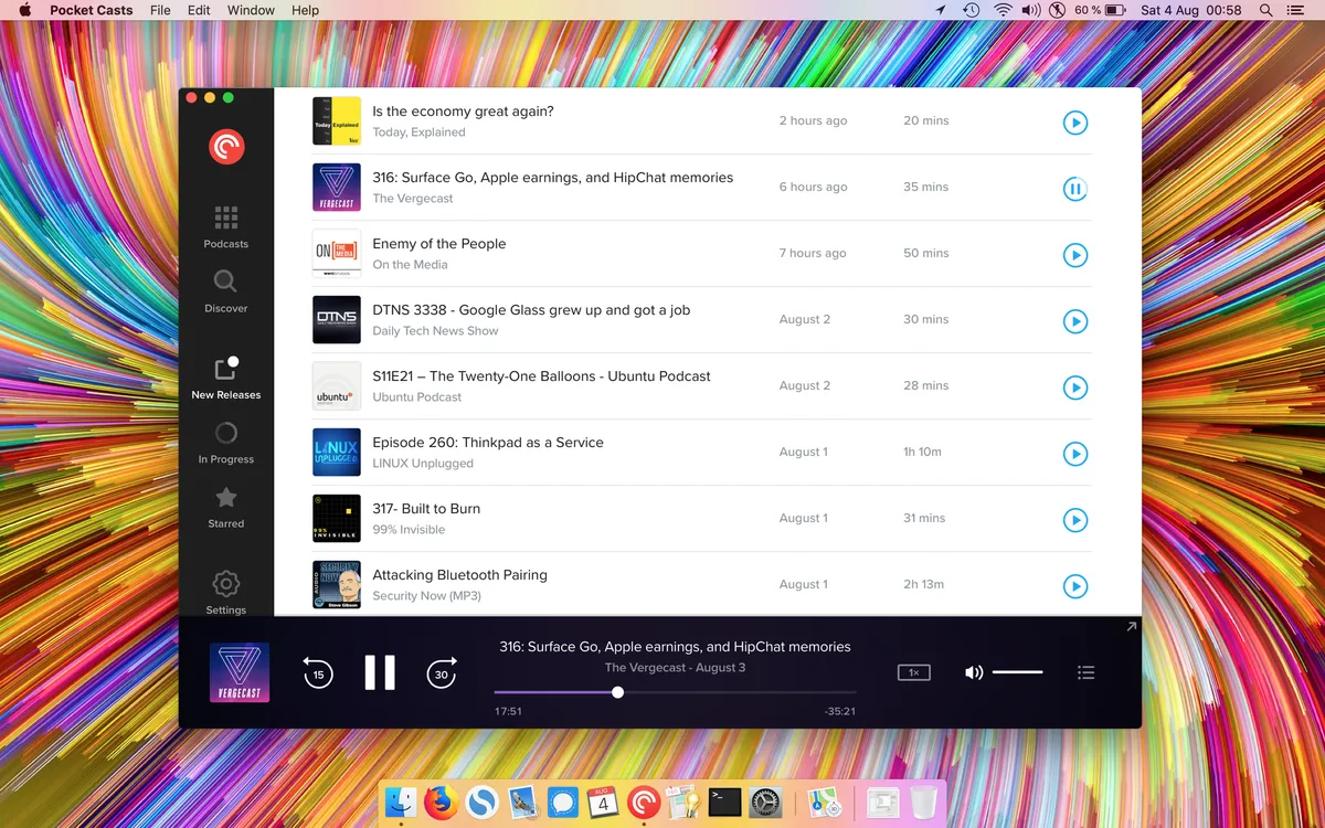 A screenshot of the main window of the Pocket Cast app shown on the MacOS desktop. The list of podcasts lists different technology podcasts.