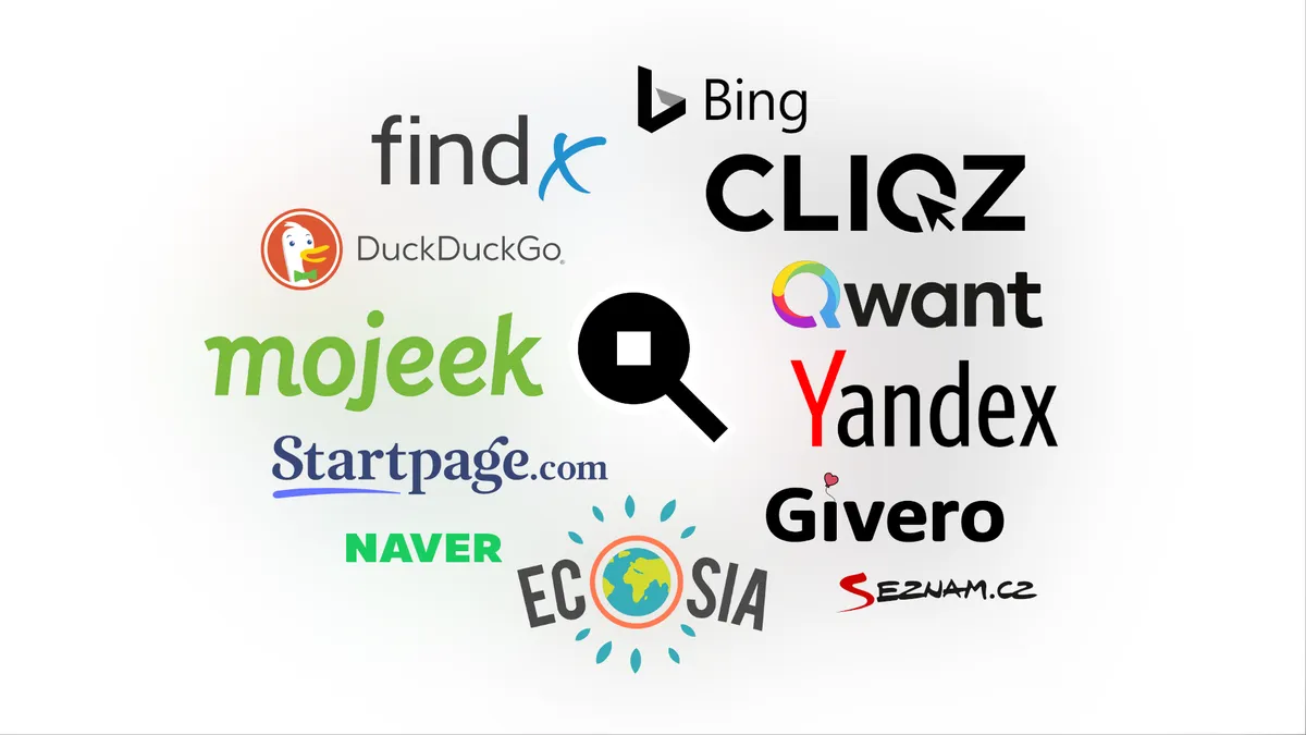 A collage of different search engine providers including Mojeek, Qwant, Ecosia, and others.