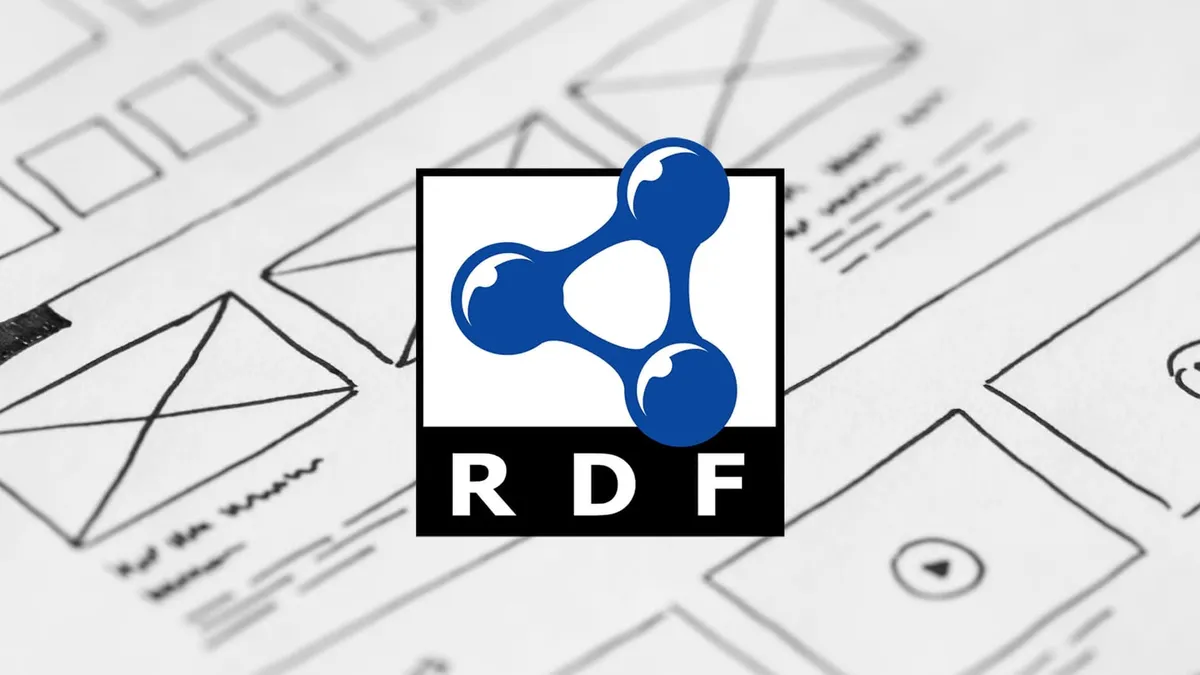 The RDF logo in front of a unspecific wireframe drawing.