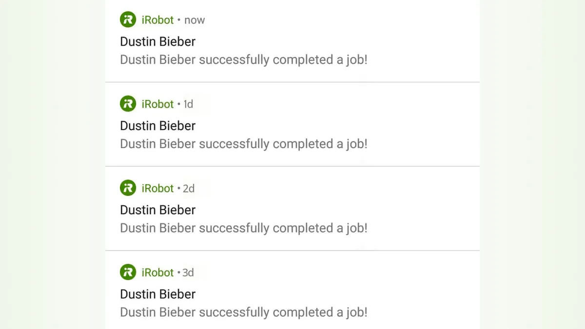 A list of app notifications all saying “Roomba successfully completed a job!”