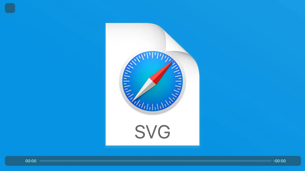 The Safari HTML media player with the icons missing from the user interface. The video playback shows an SVG file icon.
