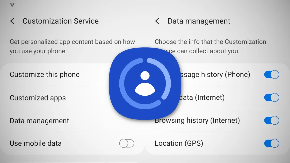 The app icon for the Customization Service app by Samsung show in front of some of the opt-outs for its privacy-unfriendly data-collection options.