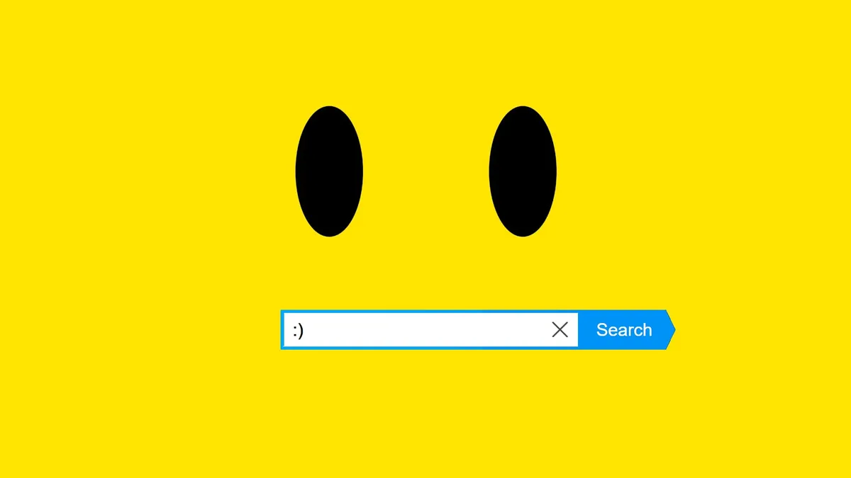 Two pairs of black eyes above a search field forming a face against a yellow background.