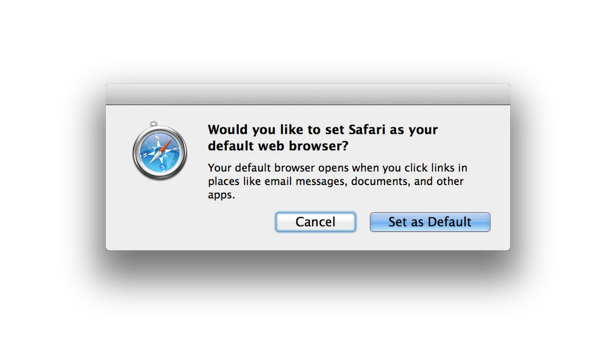 A dialog asking “Would you like to set Safari as your default web browser?”