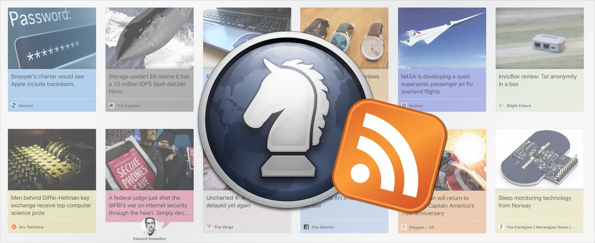 The Sleipnir app icon partially overlaid by the RSS feed icon with a grid of news stories in the background.