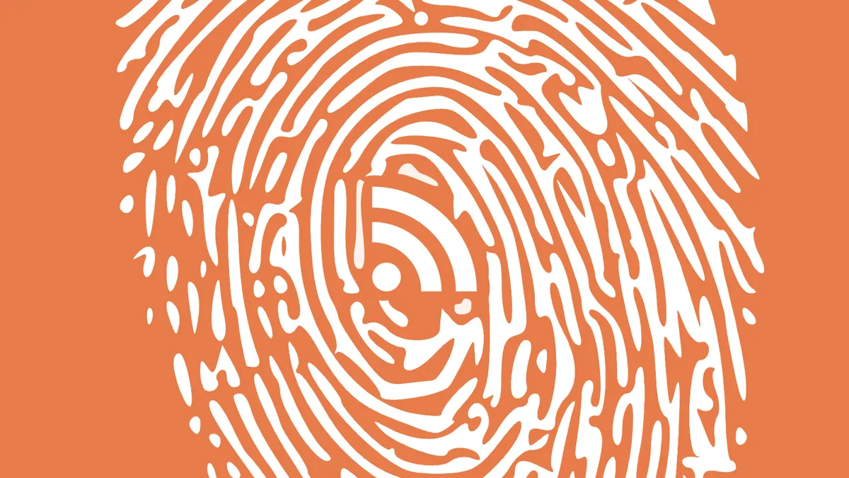 The outline of a human fingerprint with the feed syndication icon in the middle.