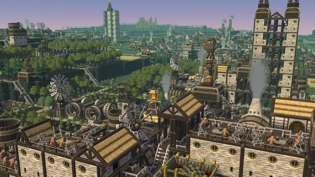 An industrious beaver city with windmills, beaver-wheels, and multi-story buildings.