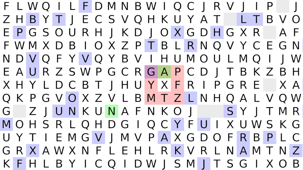Screenshot from Typerdick showing a large grid of boxes with different letters in them.