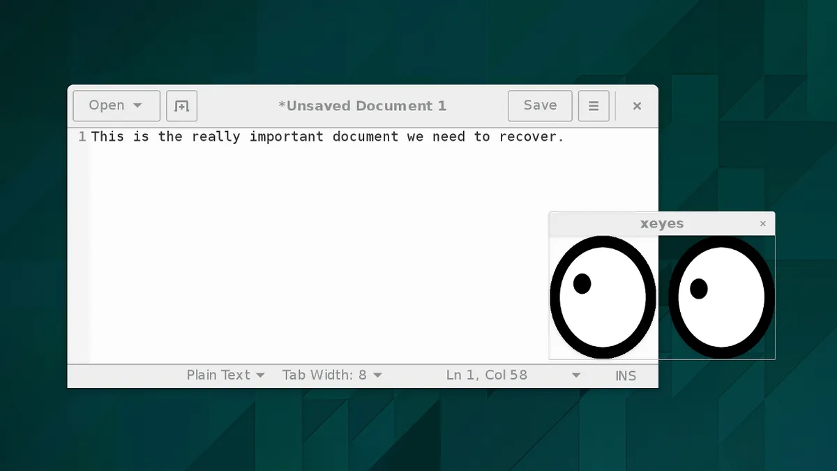 Aa set of googly-eyes looks out from a window titled Xeyes and onto a window with an unsaved document in GEdit.