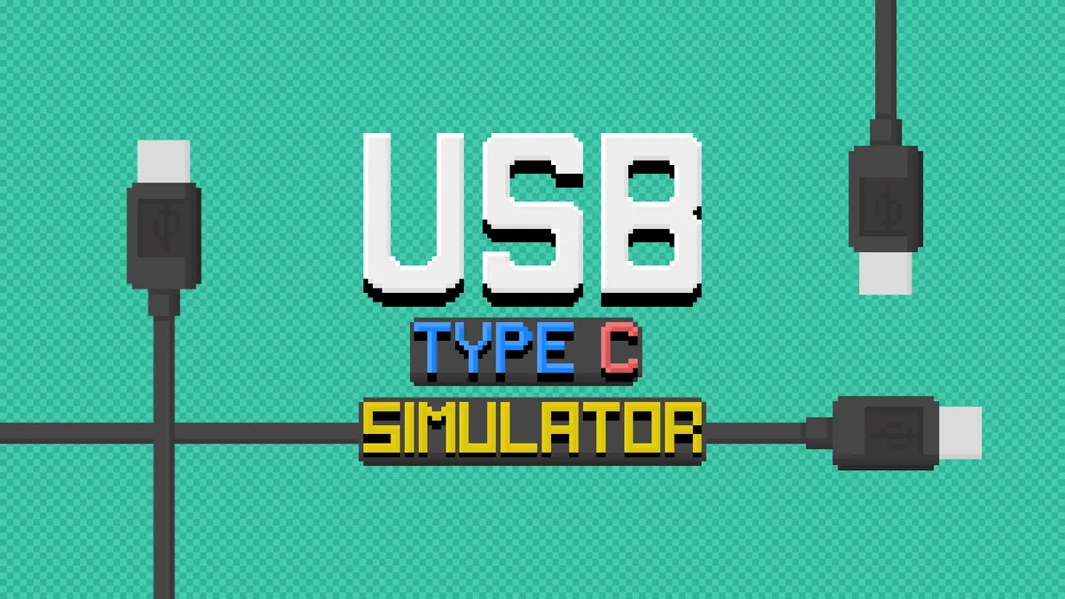 The USB Type-C Simulator app logo in front with two reversible USB Type-C cables crossing each other in the background.