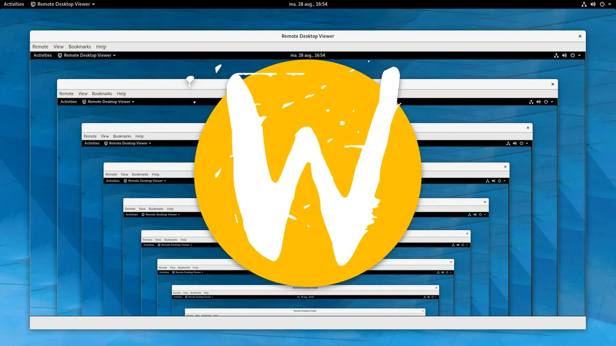 The Wayland logo with a remote desktop session showing the same session smaller and smaller indefinitely in the background.