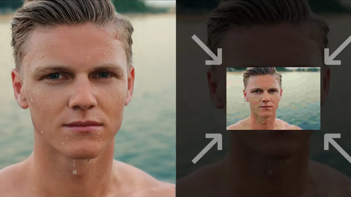 A side-by-side comparison of a detailed high-quality image of a dripping wet man next to a scaled-down version of the same image in lower quality.