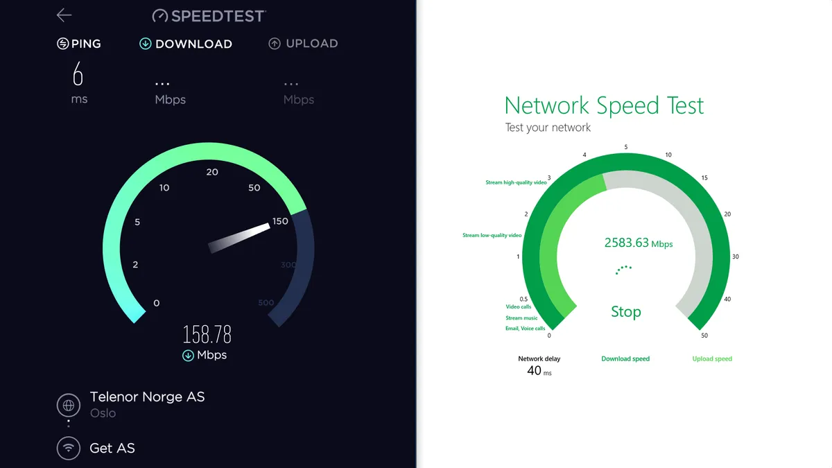 Screenshots of Ookla Speedtest side-by-side with Microsoft Network Speed Test apps running network speed tests.