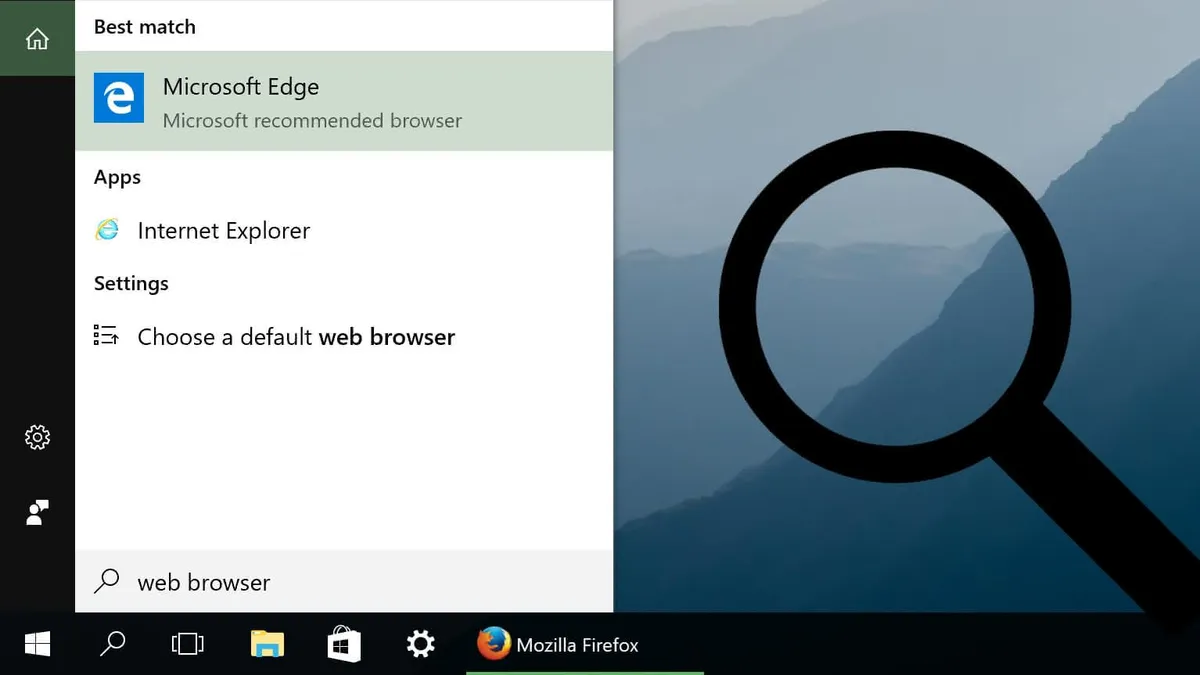 A screenshot of the Windows 10 search results for the query “web browser.”