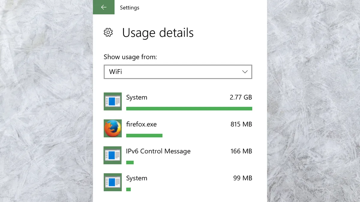 Windows Settings app listing network data usage per-app. The list includes System (2.7 GB), firefox.exe (815 MB), and IPv6 Control Message (166 MB).