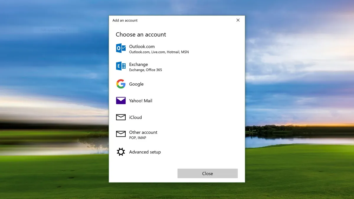 A dialog box prompting you to “choose an account”. The dialog lists options including Outlook.com, Microsoft Exchange, Google, Yahoo! Mail, Apple iCloud, and POP/IMAP.