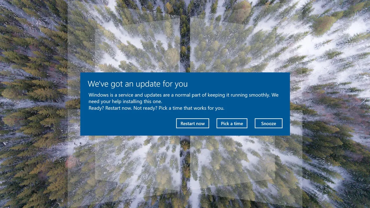 A Windows 10 dialog saying “We’ve got an update for you. Windows is a service and updates are a normal part of keeping it running smoothly. We need your help installing this one. Reall?…