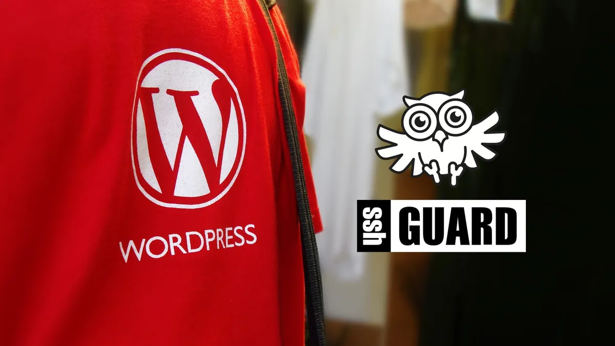 The WordPress logo side-by-side with the SSHGuard logo.