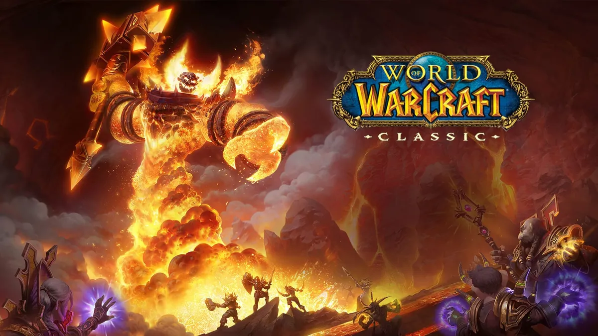 A firey and hellish scene from the game World of WarCraft. (Featuring Ragnaros the Firelord.)