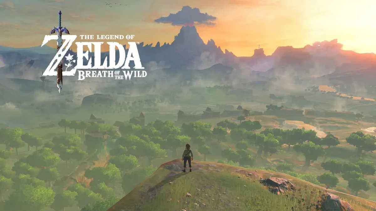 Link looking out over the Hyrulian landscape. Game capture from The Legend of Zelda: Breath of the Wild.