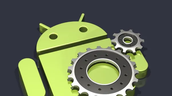 An Android robot-logo laying on its back with two connected gears on top of it.