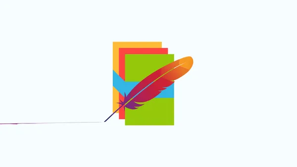 The Apache Foundation quill logo in front of a bundle of three colorful sheets.