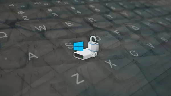 The Windows BitLocker icon with a composite image of different computer keyboards shown in the background.