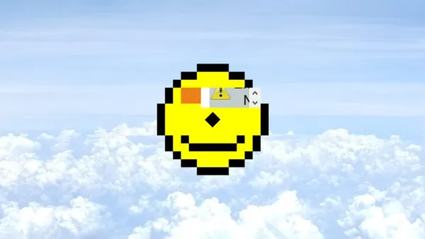 A yellow smiley face with one red eye and the other rendered as a content-loading warning. This is a failed rendering of the ACID2 rendering-engine test.