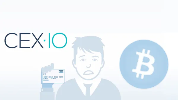 An unhappy man holding up his identification card. The Cex.io and Bitcon icons are hovering next to him.