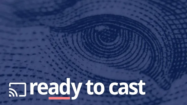 A Chromecast icon with the label “ready to cast” with a red underline below “ad”. In the background, an enlarge eye from a paper bill is looking back at you.