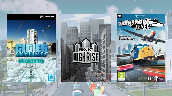 A collage of the game covers of Cities Skylines: Snowfall, Project Highrise, and Transport Fever.