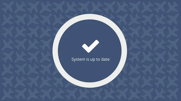 A check-mark and the words “Software up to date” circled with a repeating pattern of stylized airplane icons in the background.