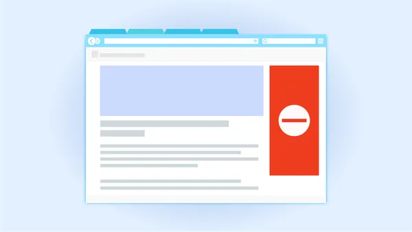An illustration of a website with one area to the right of the main page content covered by a red square with a no-access sign.