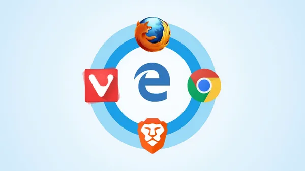 The icons of web browsers Mozilla Firefox, Google Chrome, Brave, and Vivaldi set in a circle around Microsoft Edge in the center.