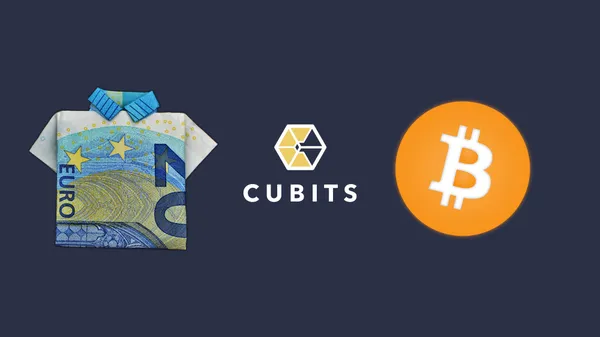 The Cubits logo surrounded by a 20 Euro bill folded into a shirt and the Bitcoin logo.
