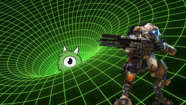 The OnePlay logo poking out from a wormhole with a mech from the game Titanfall aiming at it.